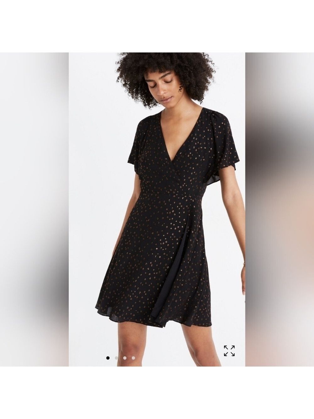 Madewell Women's Black Cape-Sleeve Mini Faux Wrap Dress in Metallic Dots, Size 4
